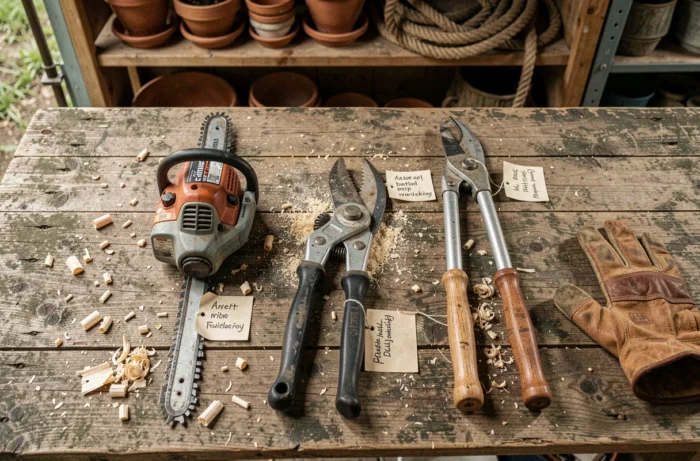 Comparaison de trois types d'élagueuses posées sur un établi en bois dans un atelier de jardinage