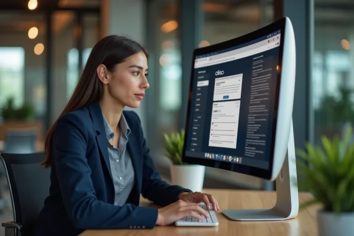 Femme professionnelle comparant des plateformes numériques sur un écran d'ordinateur dans un bureau moderne