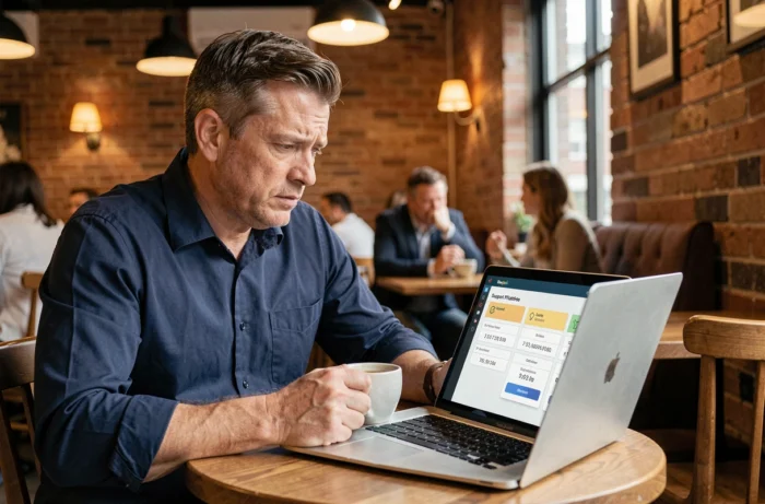 Homme comparant les prix et avis de plateformes d'accompagnement en ligne dans un café urbain