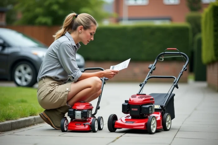 Femme comparant deux tondeuses thermiques sur une allée pour choisir le modèle adapté à son terrain