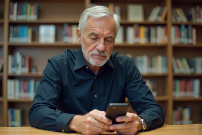 Homme d'âge mûr tentant de se connecter à FranceConnect sur son smartphone dans une bibliothèque publique