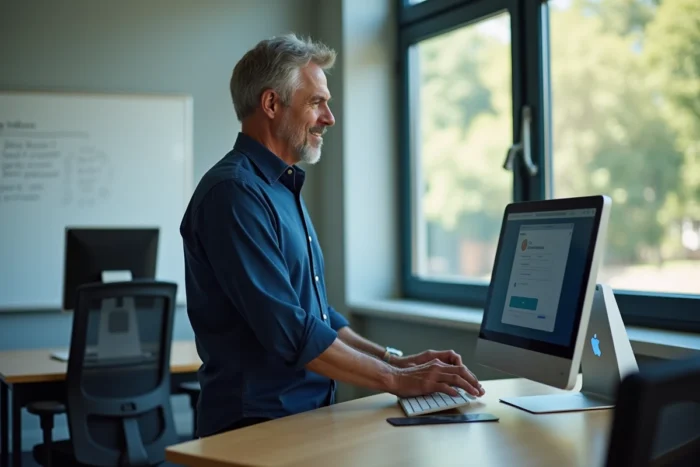 Professeur masculin se connectant au webmail de l'académie de Lyon depuis la salle des enseignants
