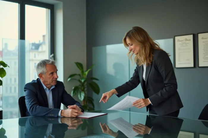 Conseillère juridique expliquant le barème de rémunération d'un tuteur professionnel à son client dans un cabinet notarial