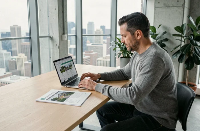 Homme consultant des rapports du marché immobilier sur ordinateur portable dans un appartement moderne avec vue urbaine