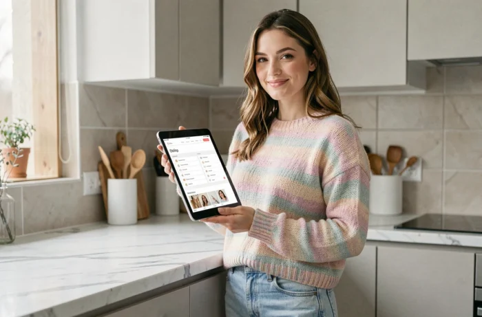 Jeune femme consultant le plan du site make up me sur une tablette dans une cuisine moderne