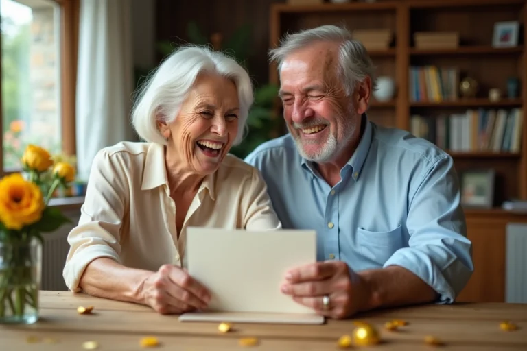Couple de personnes âgées riant ensemble en lisant une carte humoristique pour leurs 50 ans de mariage, entourés de décorations dorées