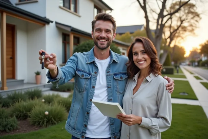 Couple souriant devant leur nouvelle maison tenant les clés et les documents de leur projet immobilier abouti