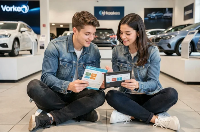 Jeune couple comparant des offres de voitures neuves et d'occasion sur une tablette en concession
