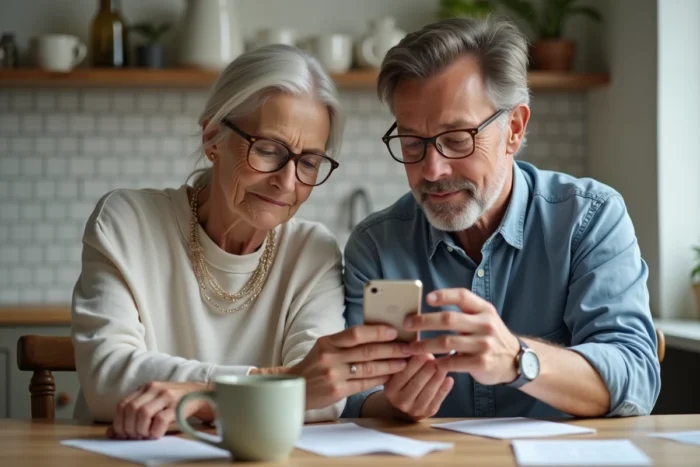 Couple comparant les options de remboursement de mutuelle sur smartphone à la cuisine