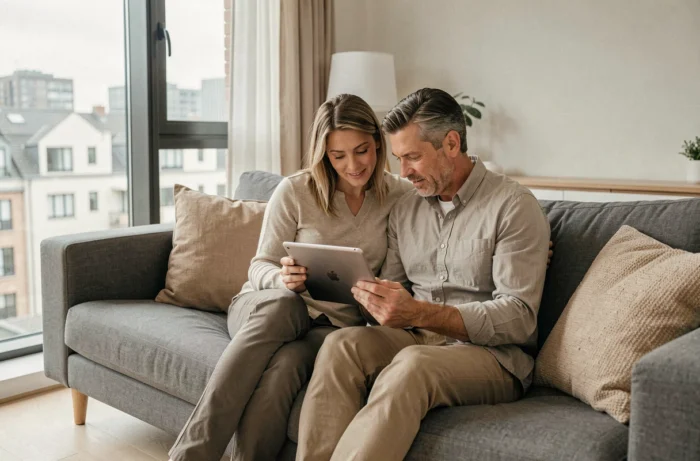 Couple consultant un service immobilier en ligne sur une tablette dans leur salon moderne
