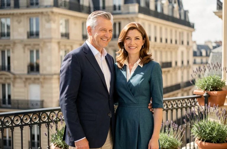 Portrait élégant d'un couple de cinquante ans souriant sur une terrasse parisienne ensoleillée avec des balustrades en fer forgé