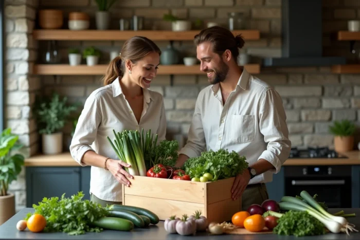 Couple déballant un panier de légumes biologiques locaux dans une cuisine moderne et chaleureuse