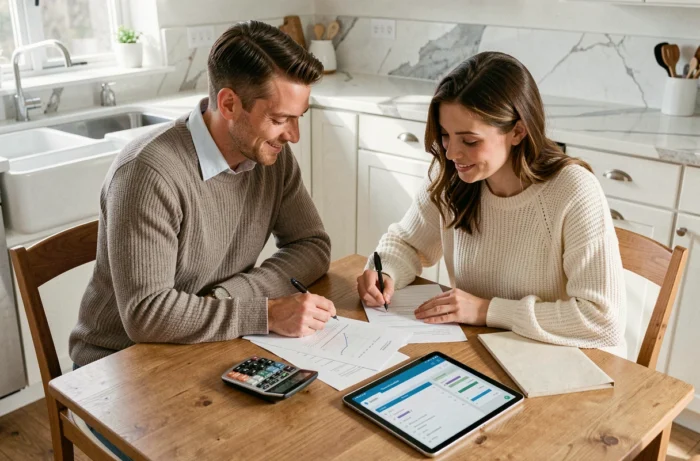 Couple planifiant ensemble leur budget familial avec une tablette et des documents financiers sur une table de cuisine moderne