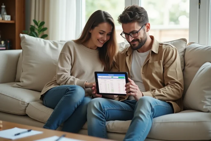Couple planifiant ensemble leur budget familial sur une tablette dans leur salon