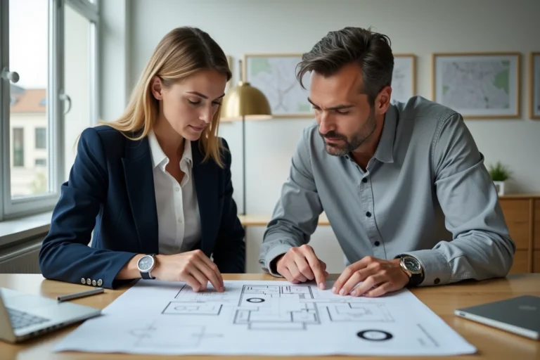 Couple consultant des plans immobiliers dans une agence moderne en Suisse romande
