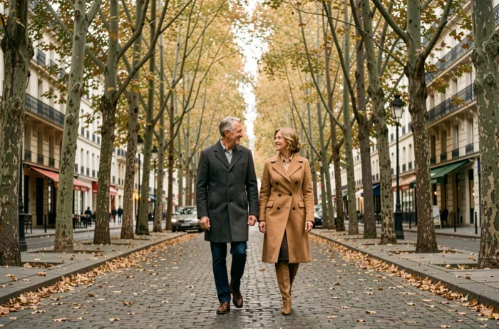Couple distingué en manteau marchant sur un boulevard parisien bordé d'arbres en automne avec des feuilles dorées au sol