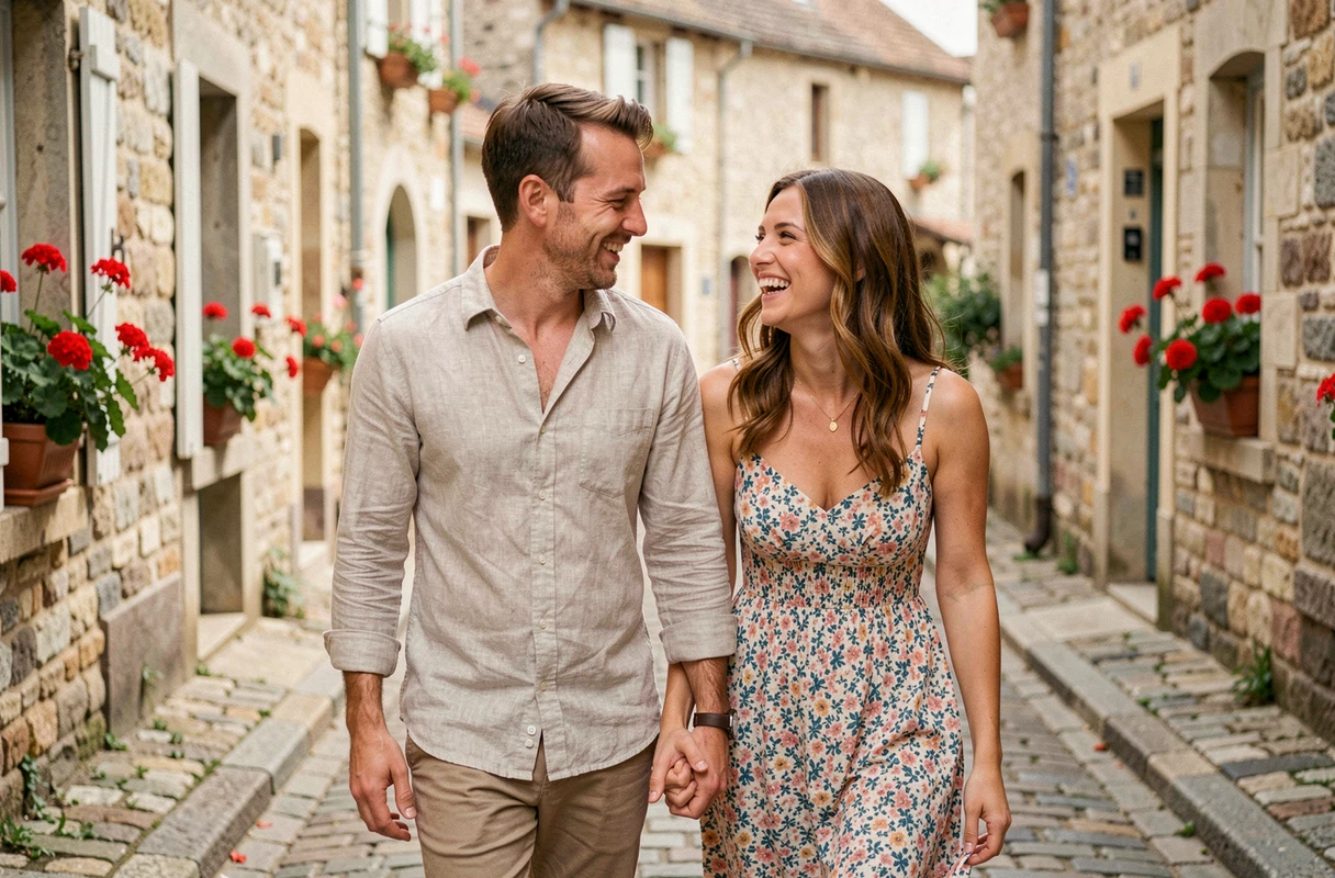 Couple complice se promenant dans une rue pavée d'un village français, évoquant la vie de couple et l'épouse de Florian Tardif