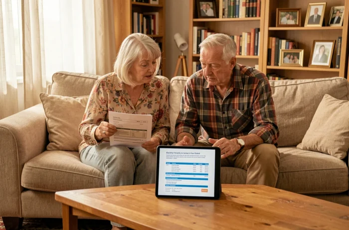 Couple de seniors consultant une explication de facture générée par IA sur tablette dans un salon chaleureux
