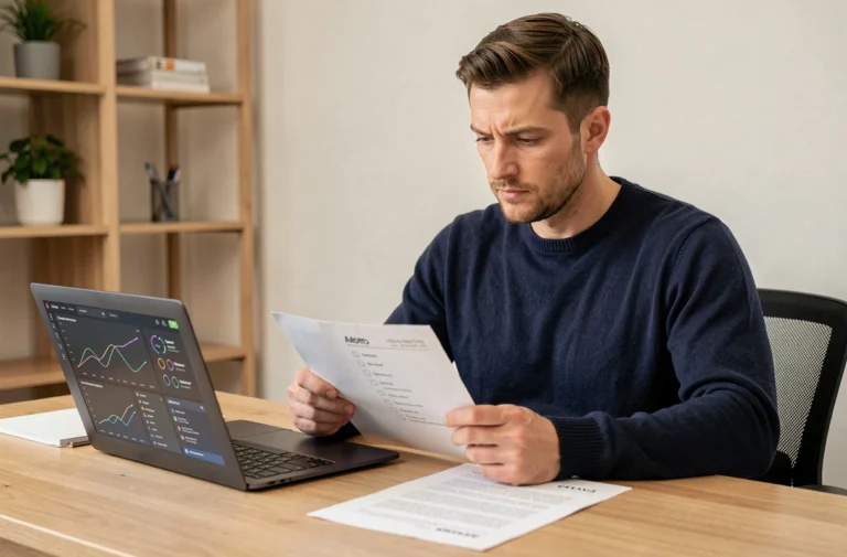 Homme attentif consultant une liste d'étapes pour débuter sur une plateforme blockchain, assis à un bureau home office moderne