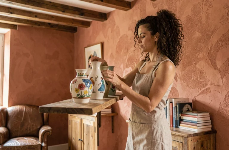 Femme arrangeant des vases en céramique peints à la main sur une étagère en bois dans un salon parisien décoré avec des éléments personnalisés