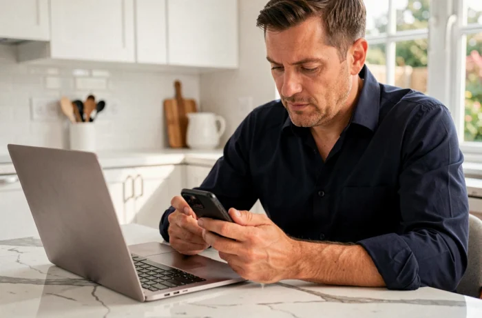 Homme dans une cuisine utilisant un smartphone et un ordinateur portable pour accéder à un site web bloqué