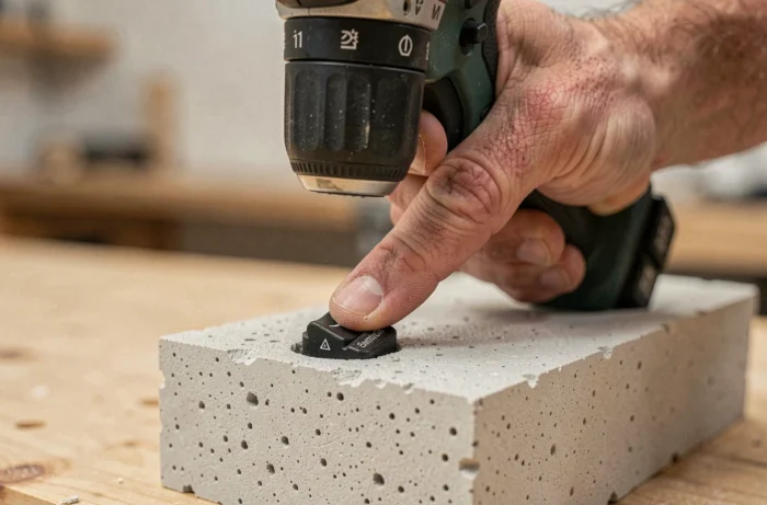 Main d'un ouvrier désactivant la fonction percussion d'une perceuse avant de percer dans du béton cellulaire