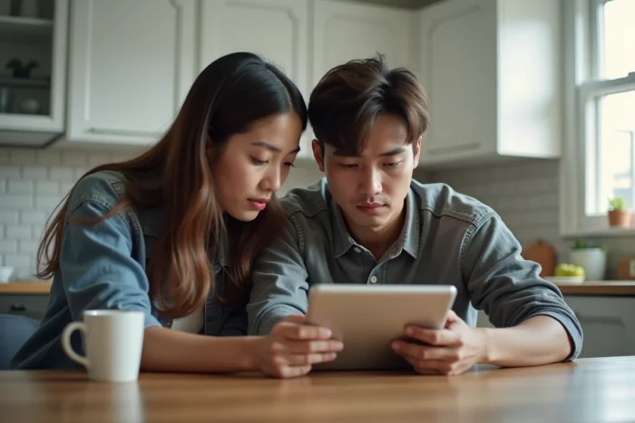 Deux étudiants consultant ensemble les résultats du bac second groupe sur une tablette dans une cuisine