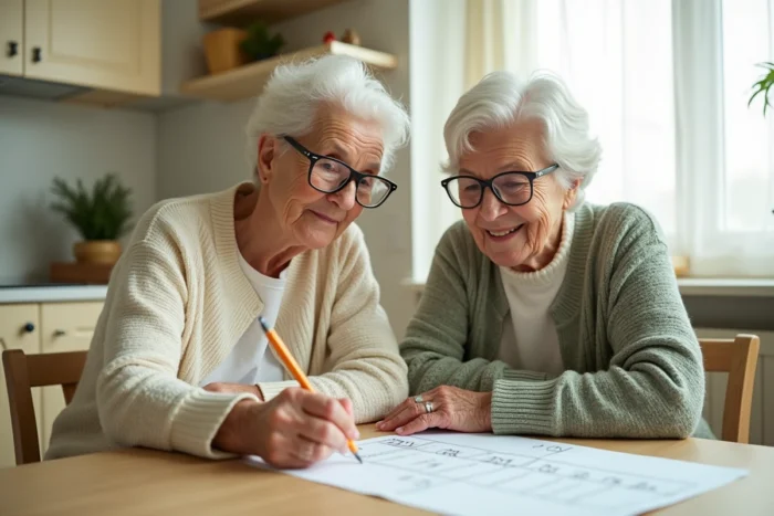 Deux femmes âgées portant des lunettes de lecture qui étudient ensemble un exercice de grammaire française à la maison