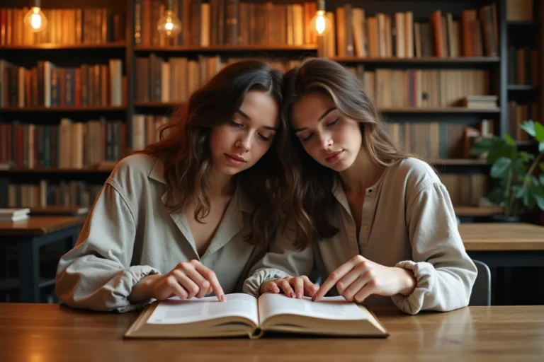 Deux jeunes femmes étudiant ensemble la grammaire française autour d'un livre ouvert dans une librairie