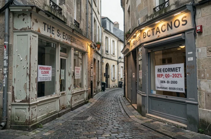 Rue commerçante avec deux devantures fermées, l'une définitivement abandonnée et l'autre temporairement close avec avis de réouverture affiché