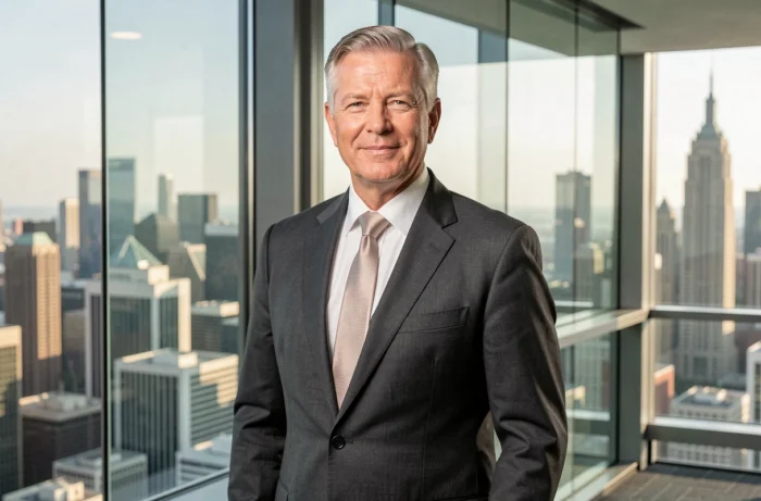 Dirigeant exécutif senior en costume gris dans un bureau moderne avec vue panoramique sur la ville, illustrant la rémunération d'un PDG dans le secteur de l'assurance