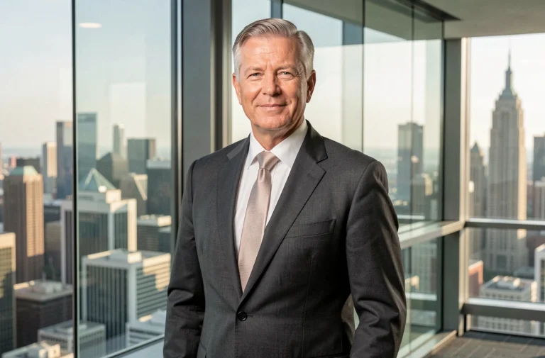 Dirigeant exécutif senior en costume gris dans un bureau moderne avec vue panoramique sur la ville, illustrant la rémunération d'un PDG dans le secteur de l'assurance