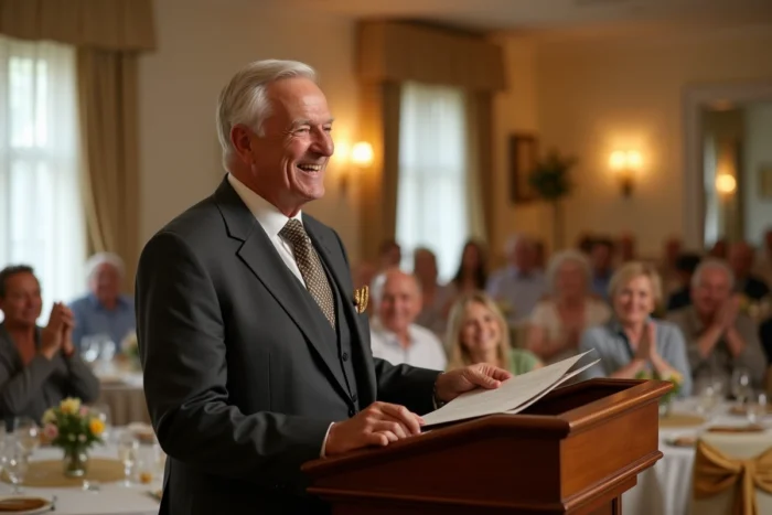 Homme âgé prononçant un discours humoristique lors d'une fête de noces d'or dans une salle de réception décorée en blanc et or