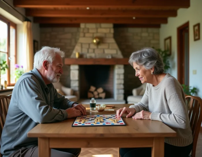 Deux joueurs adultes s'affrontant au Scrabble autour d'une table rustique dans un salon chaleureux