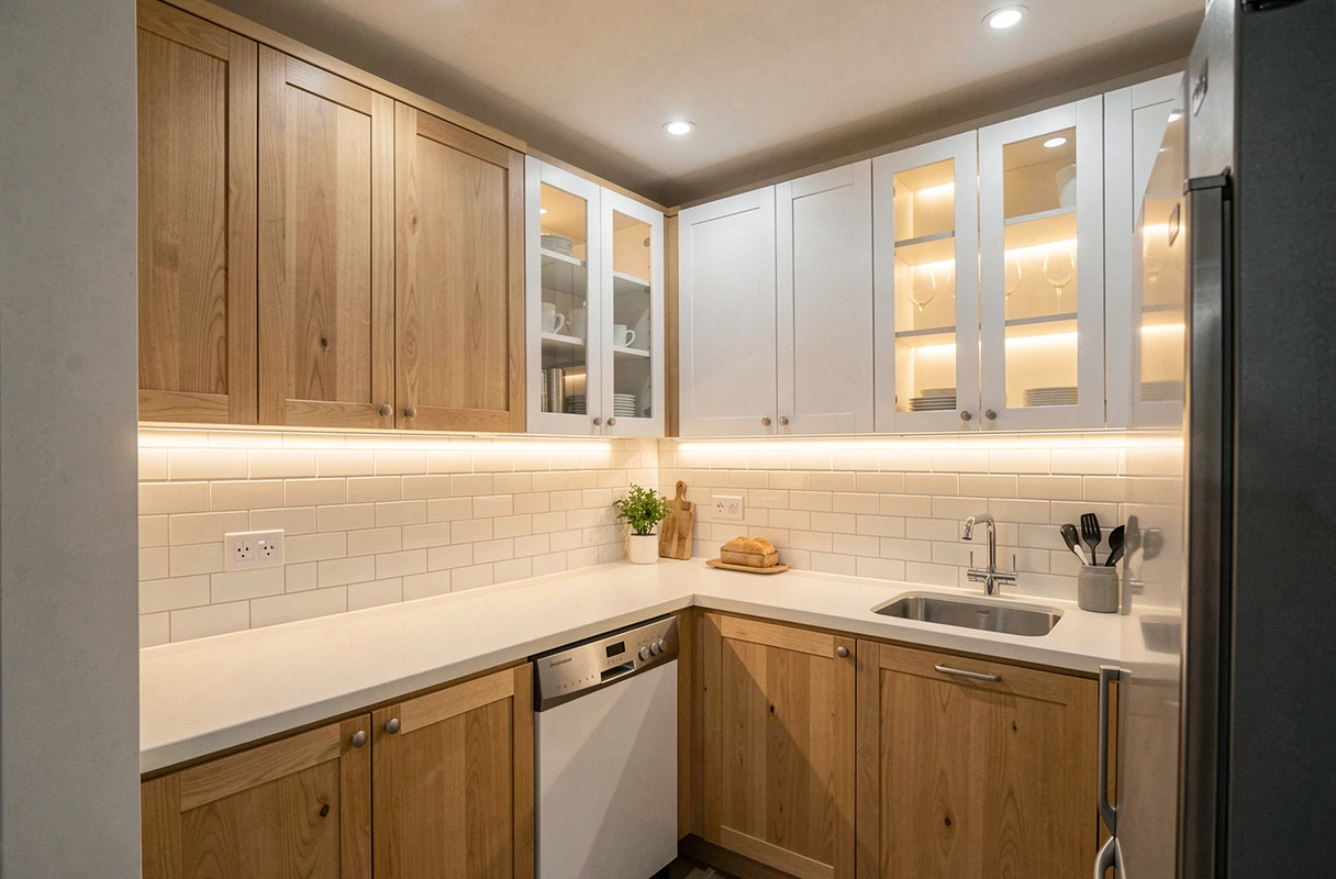 Cuisine compacte avec éclairage en couches — spots encastrés, bandeau LED sous meubles et lumière intérieure vitrée — éliminant les zones d'ombre