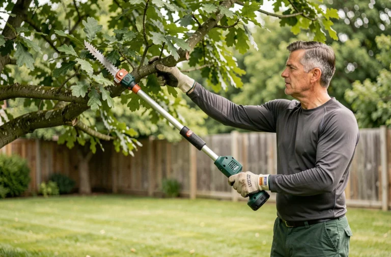 Homme utilisant une élagueuse télescopique sans fil pour tailler les branches hautes d'un chêne dans un jardin résidentiel