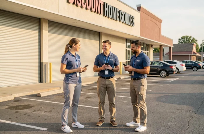 Employés d'un magasin discount réunis devant leur commerce fermé le dimanche dans une zone commerciale calme