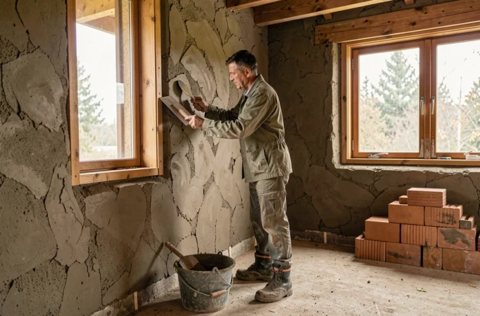 Artisan appliquant un enduit en terre crue sur un mur intérieur d'une maison écologique en construction