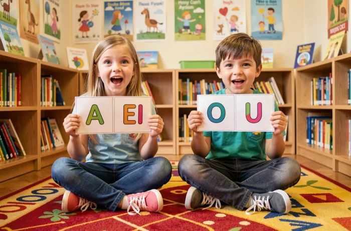 Deux enfants tenant des cartes illustrées avec les voyelles A E I O U Y dans un coin lecture de classe primaire