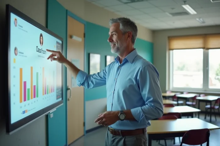 Enseignant présentant un tableau de bord de classe numérique sur un tableau blanc interactif en salle de classe