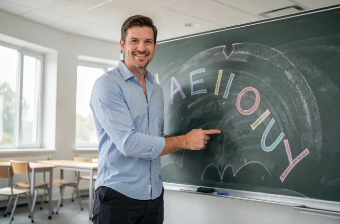 Homme enseignant les voyelles A E I O U Y devant un tableau noir dans une salle de classe moderne