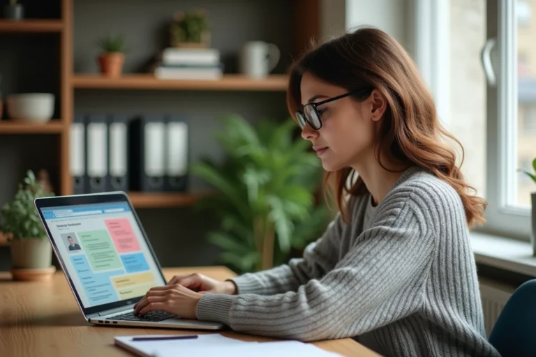 Enseignante utilisant une plateforme de classe en ligne sur son ordinateur portable dans un bureau à domicile