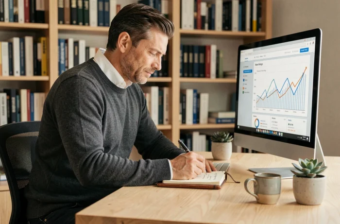 Entrepreneur analysant des données de croissance marketing sur un écran d'ordinateur depuis son bureau