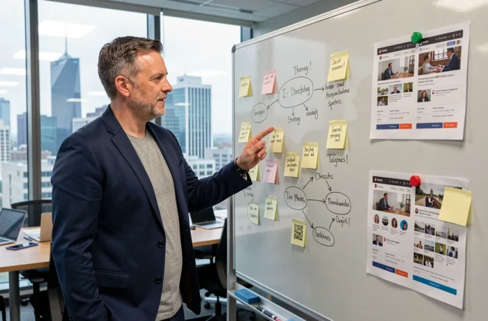 Entrepreneur présentant une stratégie de présence digitale sur un tableau blanc dans une salle de réunion moderne
