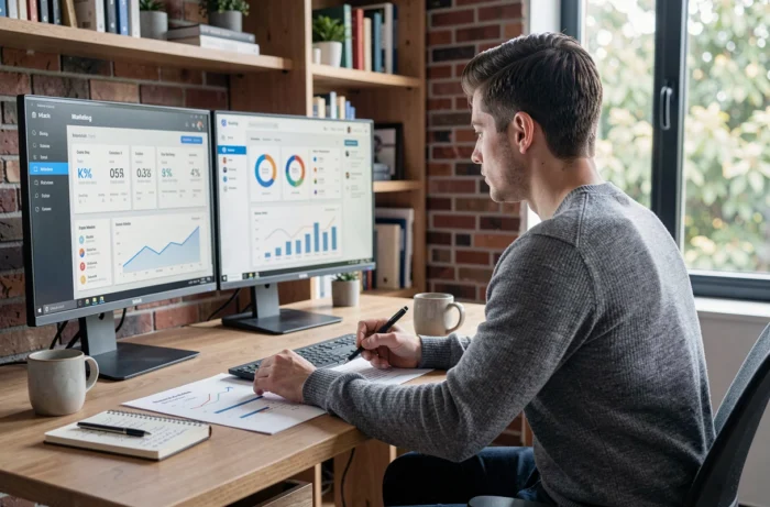 Entrepreneur analysant un tableau de bord marketing digital sur deux écrans dans un bureau à domicile moderne