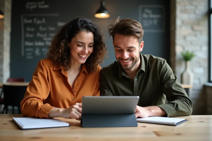 Deux collègues comparant des solutions de plateformes numériques sur une tablette dans un espace de coworking