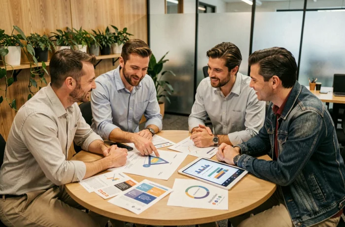 Équipe marketing en réunion autour d'une table analysant des rapports de performance et des stratégies multicanal