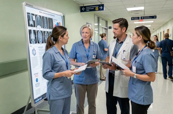 Équipe de professionnels de santé analysant des radiographies et des données médicales dans un couloir d'hôpital
