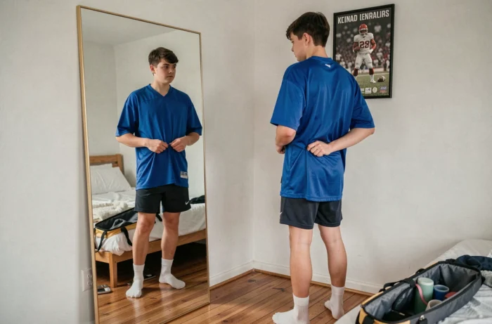 Adolescent essayant un maillot de football trop grand devant un miroir en cherchant à ajuster l'ajustement
