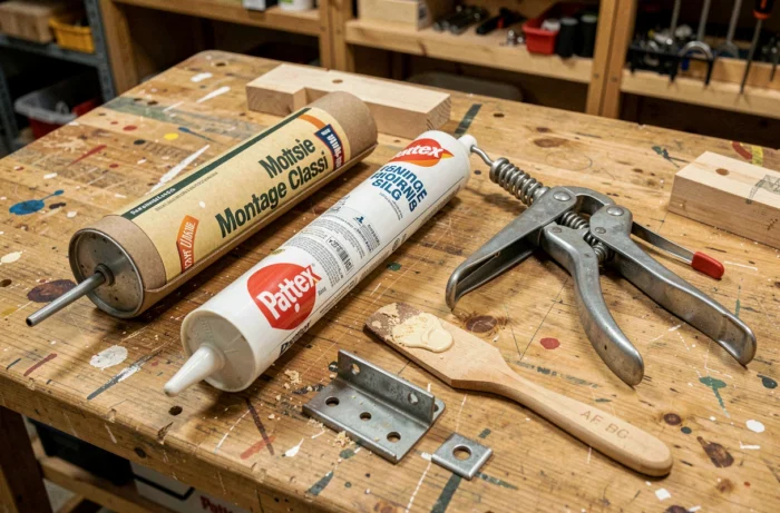 Vue de dessus d'un établi avec le tube de colle Pattex Montage Classic, un pistolet à cartouche et des accessoires de fixation